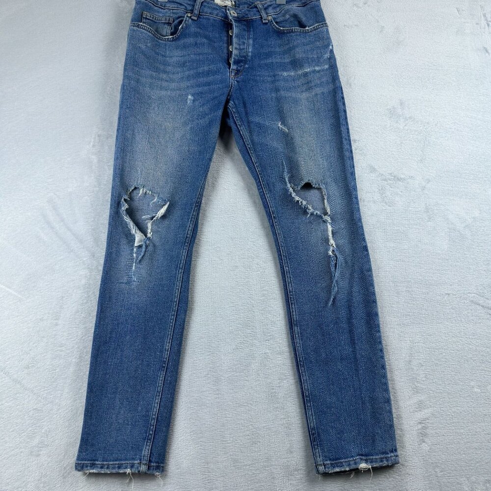 Topman Jeans Stretch Skinny Mens Size 32S Distressed Button Fly Denim Blue